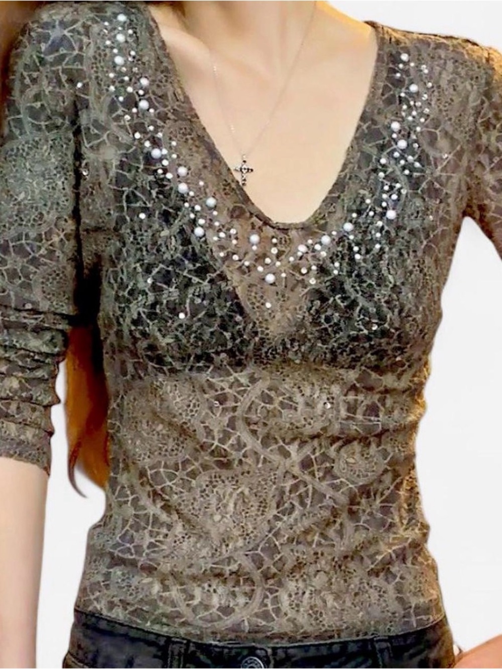 Express Women’s Embellished Lace V-Neck Top in Olive Green with pearl beads